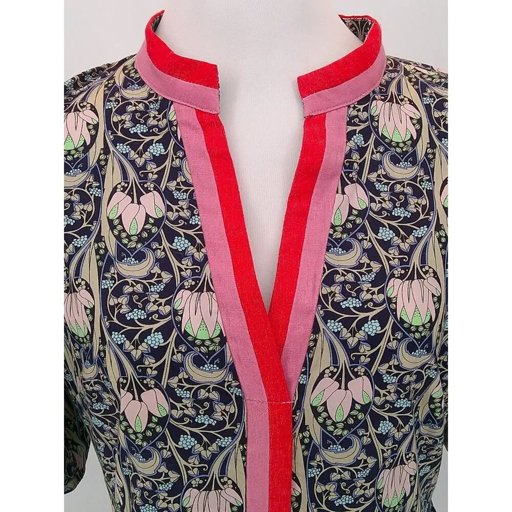 Women's Floral Print Midi Dress Sz M Voy Puff Sleeve Boho Chic Navy Pink Casual - Picture 3 of 11